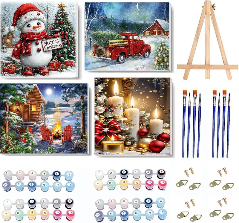 VIGEGU 4 Pack Christmas Paint by Numbers Kit for Adults with Framed,Snowman Truck Candle Christmas Tree Paint by Number with Wooden Easel DIY Winter Bonfire Landscape Adult Paint by Number Kits10X12-10x10in - Image 1
